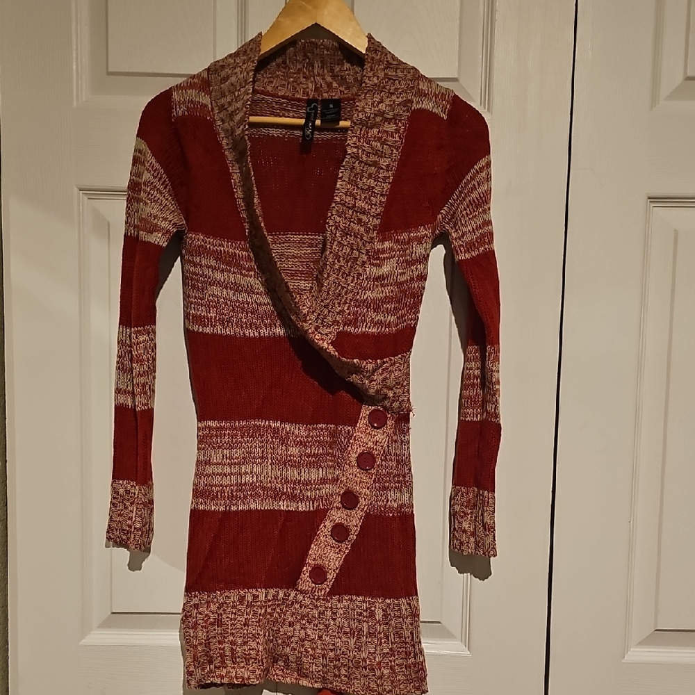 Red Paint Marled Red & Cream Asymmetrical Button Sweater Dress – Size Small
